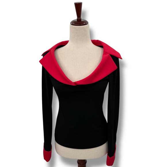 Joseph Ribkoff Top Size 6 Black Red Boat Neck Cuffed Sleeve Long Sleeve Blouse - Picture 1 of 7